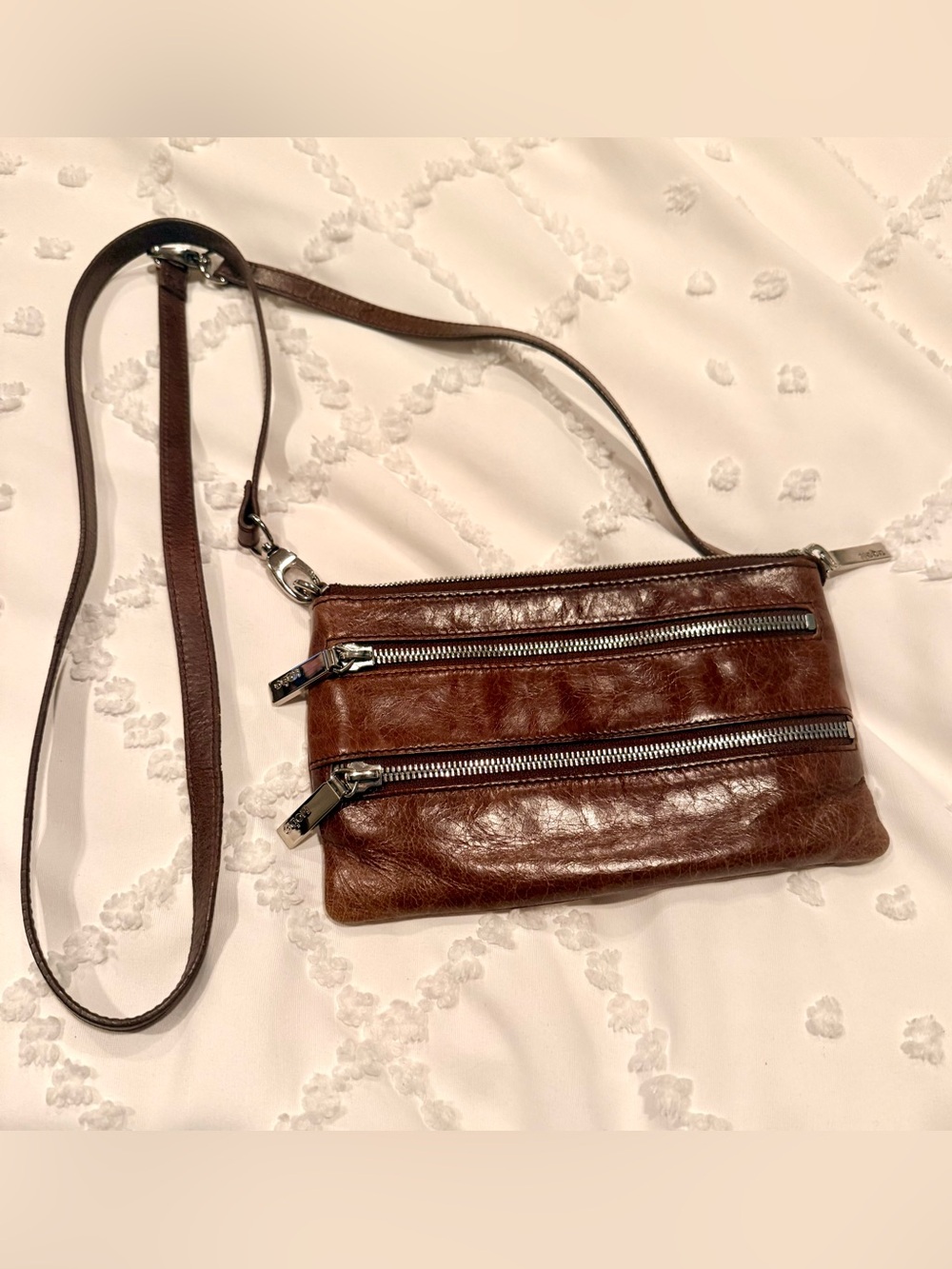 Hobo - Brown Leather Crossbody Bag with Double Zip Pockets